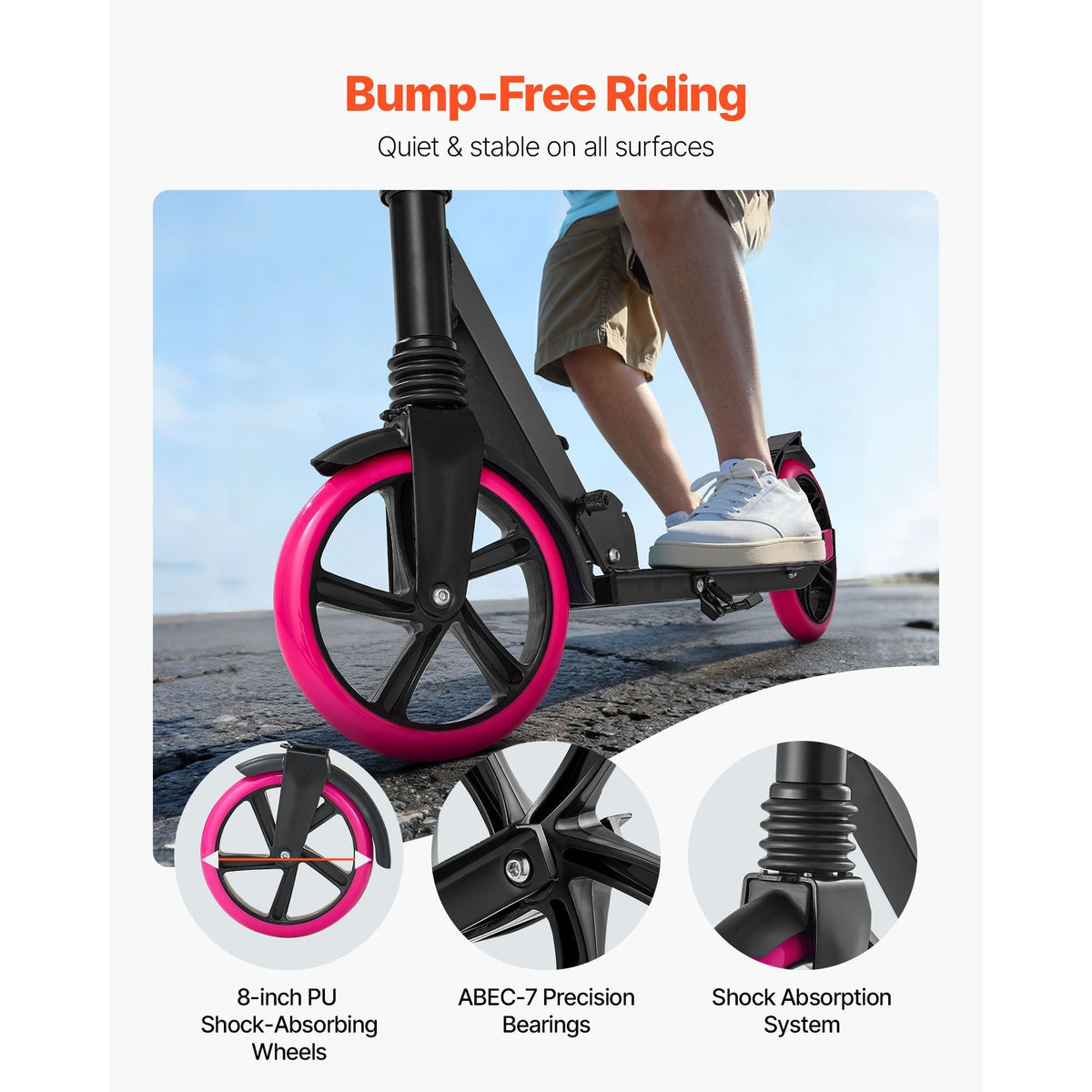 Kick Scooter for Kids Ages 8+, Teens & Adults, 2-Wheel Toddler Scooter with Adjustable Height Handlebar, Wide Anti-Slip Deck, Foldable Lightweight Frame for Boys & Girls up to 220 lbs, Pink