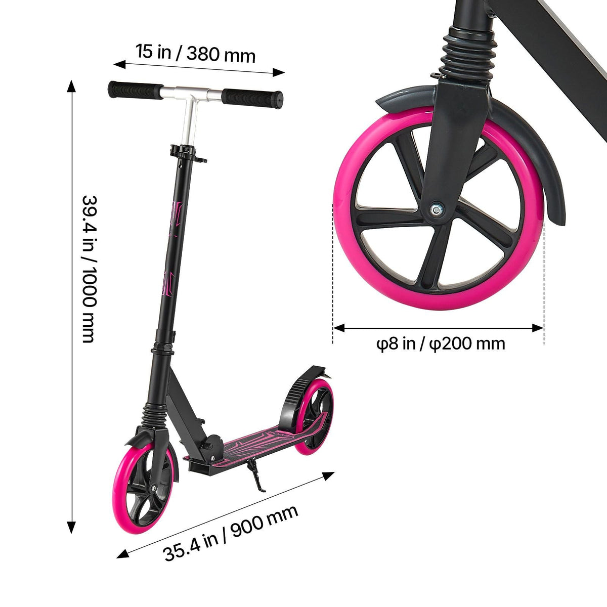 Kick Scooter for Kids Ages 8+, Teens & Adults, 2-Wheel Toddler Scooter with Adjustable Height Handlebar, Wide Anti-Slip Deck, Foldable Lightweight Frame for Boys & Girls up to 220 lbs, Pink