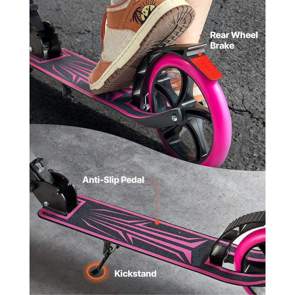 Kick Scooter for Kids Ages 8+, Teens & Adults, 2-Wheel Toddler Scooter with Adjustable Height Handlebar, Wide Anti-Slip Deck, Foldable Lightweight Frame for Boys & Girls up to 220 lbs, Pink
