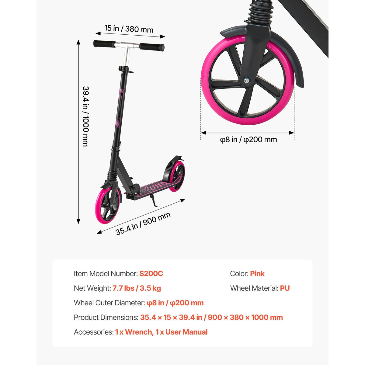 Kick Scooter for Kids Ages 8+, Teens & Adults, 2-Wheel Toddler Scooter with Adjustable Height Handlebar, Wide Anti-Slip Deck, Foldable Lightweight Frame for Boys & Girls up to 220 lbs, Pink