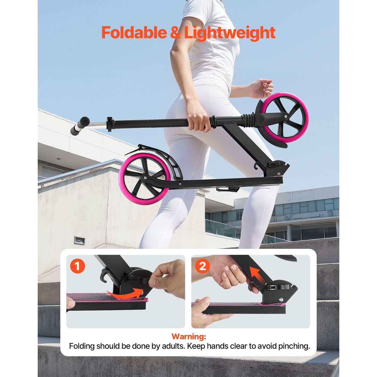 Kick Scooter for Kids Ages 8+, Teens & Adults, 2-Wheel Toddler Scooter with Adjustable Height Handlebar, Wide Anti-Slip Deck, Foldable Lightweight Frame for Boys & Girls up to 220 lbs, Pink