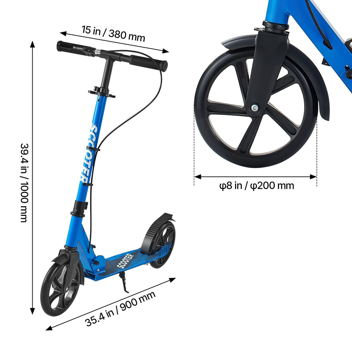 Kick Scooter for Kids Ages 8+, Teens & Adults, 2-Wheel Toddler Scooter with Height Adjustable Handlebar, Wide Anti-Slip Deck, Foldable Lightweight for Boys & Girls up to 220 lbs, Black + Blue