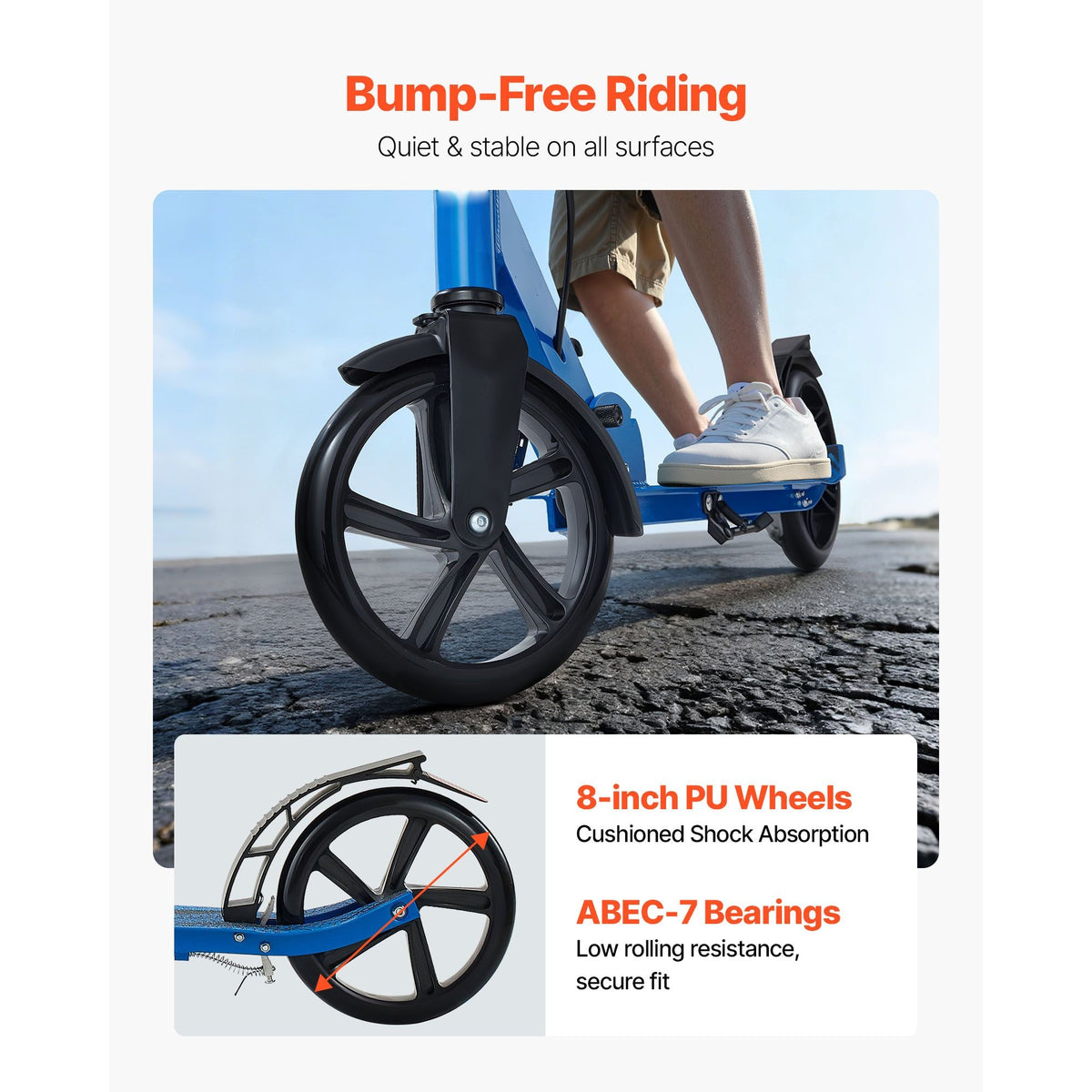 Kick Scooter for Kids Ages 8+, Teens & Adults, 2-Wheel Toddler Scooter with Height Adjustable Handlebar, Wide Anti-Slip Deck, Foldable Lightweight for Boys & Girls up to 220 lbs, Black + Blue