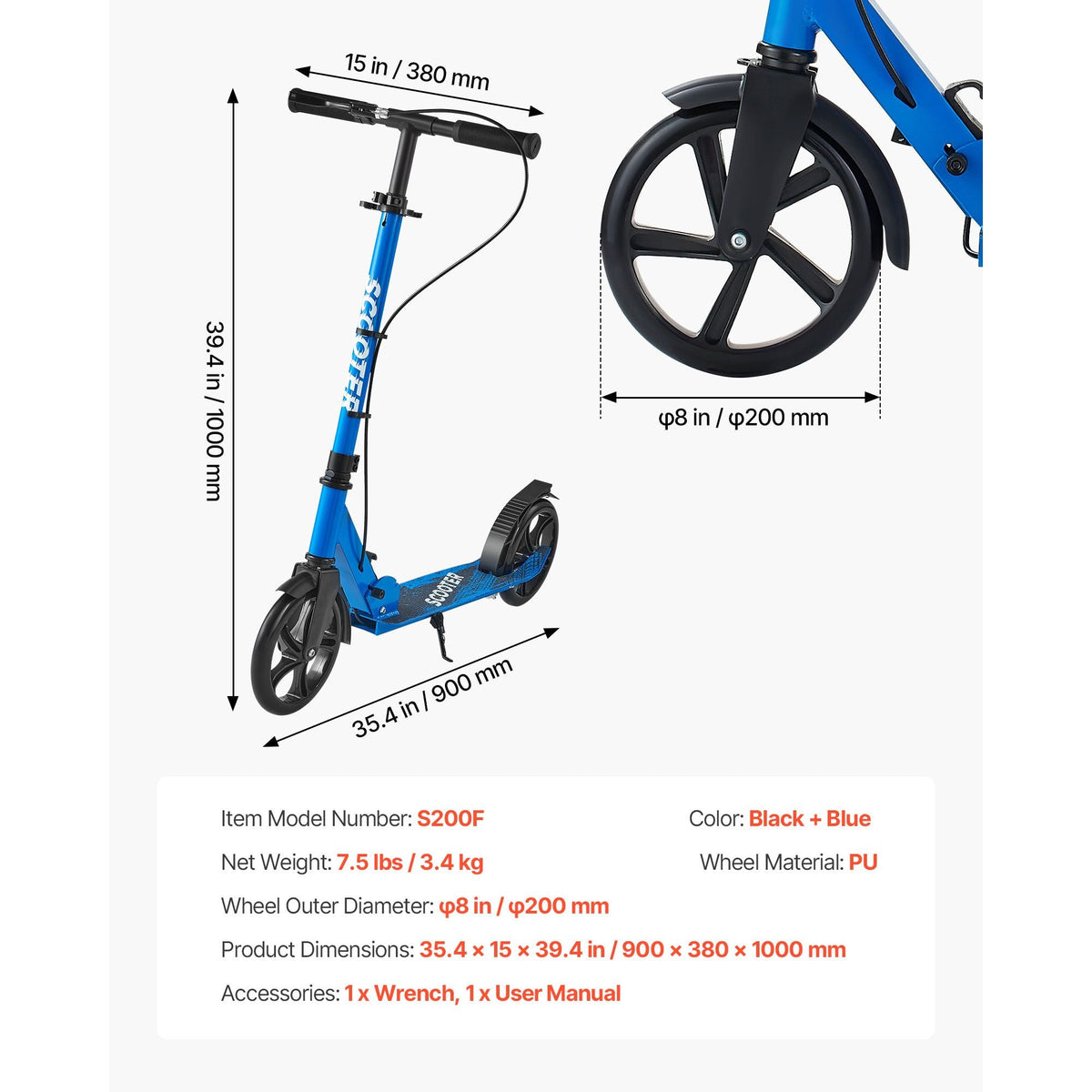 Kick Scooter for Kids Ages 8+, Teens & Adults, 2-Wheel Toddler Scooter with Height Adjustable Handlebar, Wide Anti-Slip Deck, Foldable Lightweight for Boys & Girls up to 220 lbs, Black + Blue