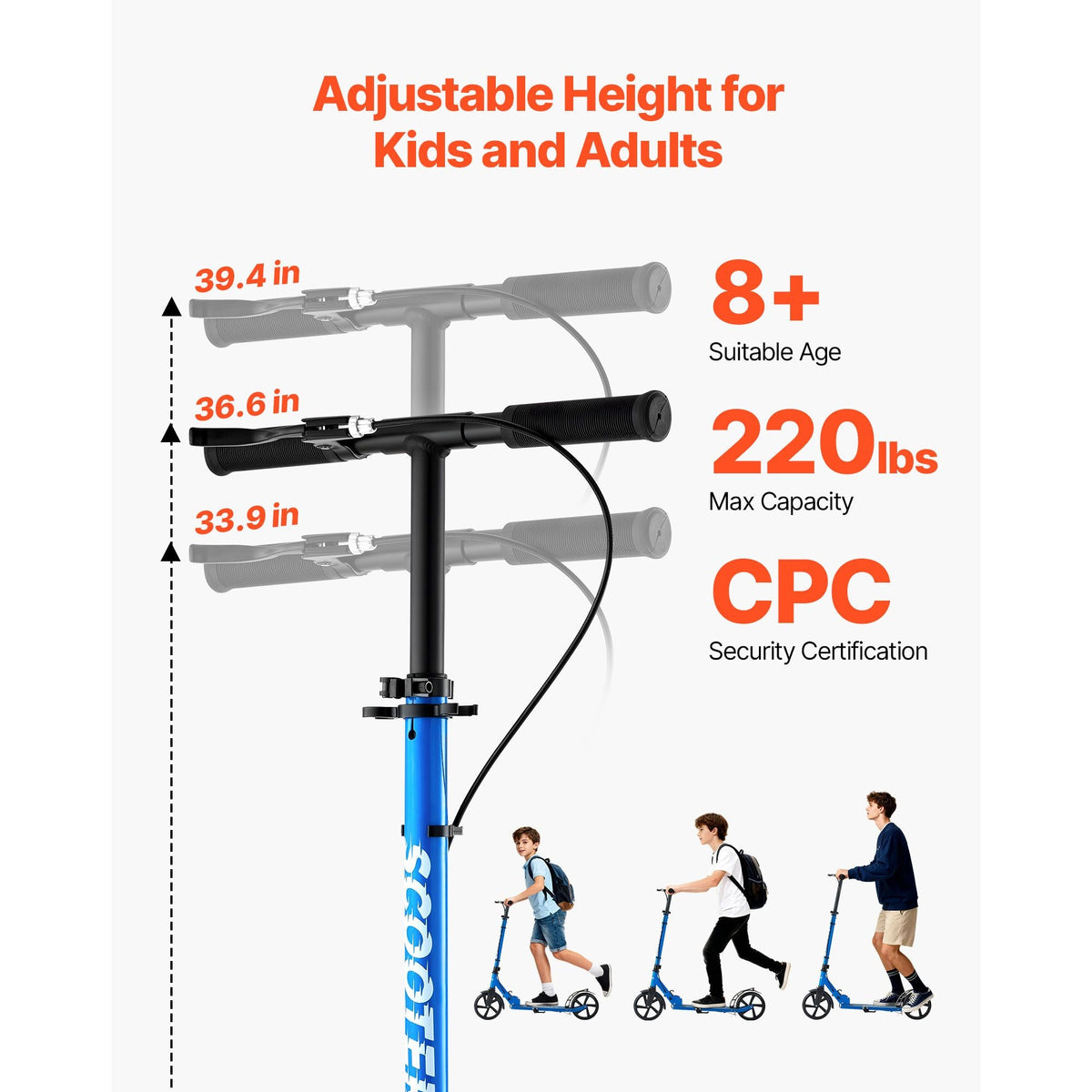 Kick Scooter for Kids Ages 8+, Teens & Adults, 2-Wheel Toddler Scooter with Height Adjustable Handlebar, Wide Anti-Slip Deck, Foldable Lightweight for Boys & Girls up to 220 lbs, Black + Blue