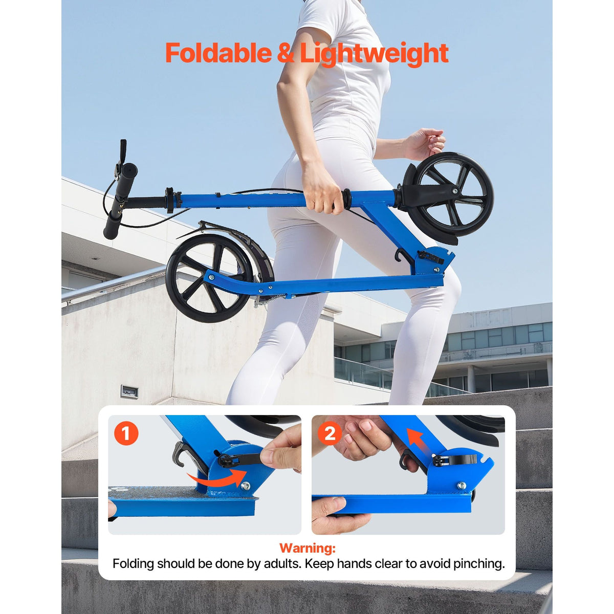 Kick Scooter for Kids Ages 8+, Teens & Adults, 2-Wheel Toddler Scooter with Height Adjustable Handlebar, Wide Anti-Slip Deck, Foldable Lightweight for Boys & Girls up to 220 lbs, Black + Blue