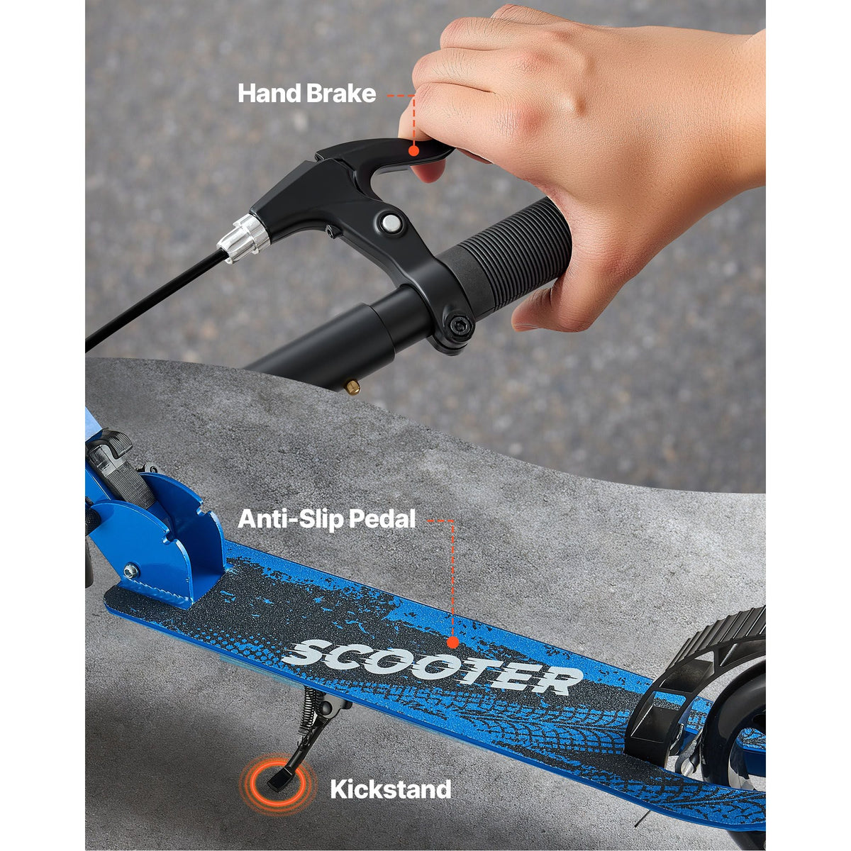 Kick Scooter for Kids Ages 8+, Teens & Adults, 2-Wheel Toddler Scooter with Height Adjustable Handlebar, Wide Anti-Slip Deck, Foldable Lightweight for Boys & Girls up to 220 lbs, Black + Blue