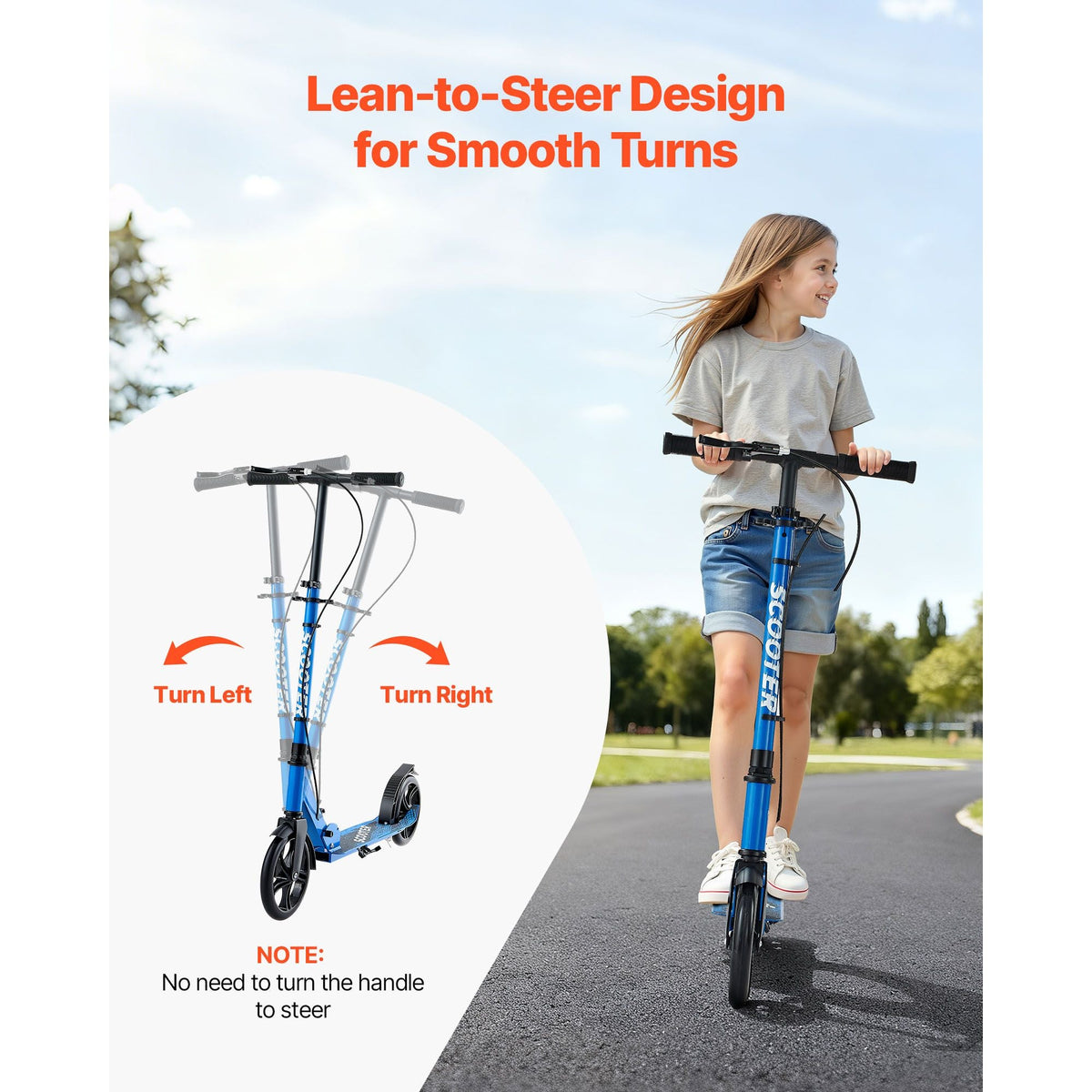 Kick Scooter for Kids Ages 8+, Teens & Adults, 2-Wheel Toddler Scooter with Height Adjustable Handlebar, Wide Anti-Slip Deck, Foldable Lightweight for Boys & Girls up to 220 lbs, Black + Blue