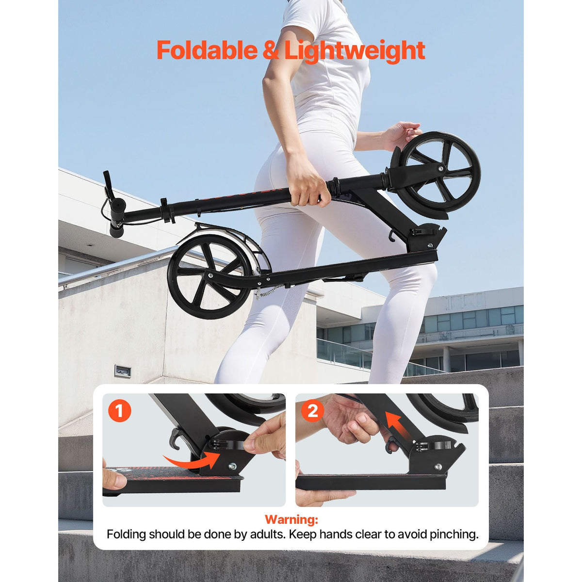 Kick Scooter for Kids Ages 8+, Teens & Adults, 2-Wheel Toddler Scooter with Height Adjustable Handlebar, Wide Anti-Slip Deck, Foldable Lightweight Frame for Boys & Girls up to 220 lbs, Black
