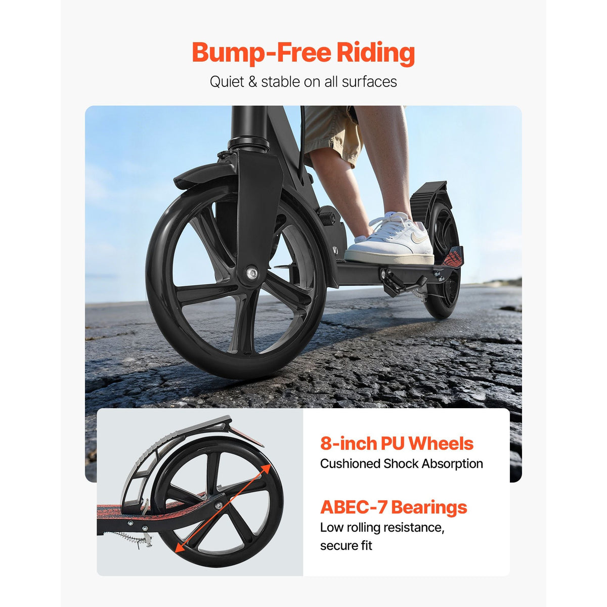 Kick Scooter for Kids Ages 8+, Teens & Adults, 2-Wheel Toddler Scooter with Height Adjustable Handlebar, Wide Anti-Slip Deck, Foldable Lightweight Frame for Boys & Girls up to 220 lbs, Black