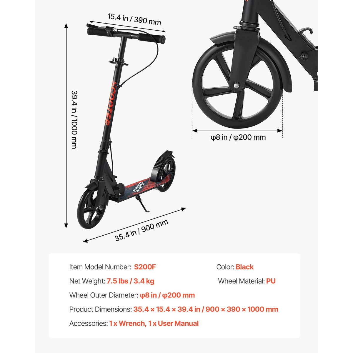 Kick Scooter for Kids Ages 8+, Teens & Adults, 2-Wheel Toddler Scooter with Height Adjustable Handlebar, Wide Anti-Slip Deck, Foldable Lightweight Frame for Boys & Girls up to 220 lbs, Black
