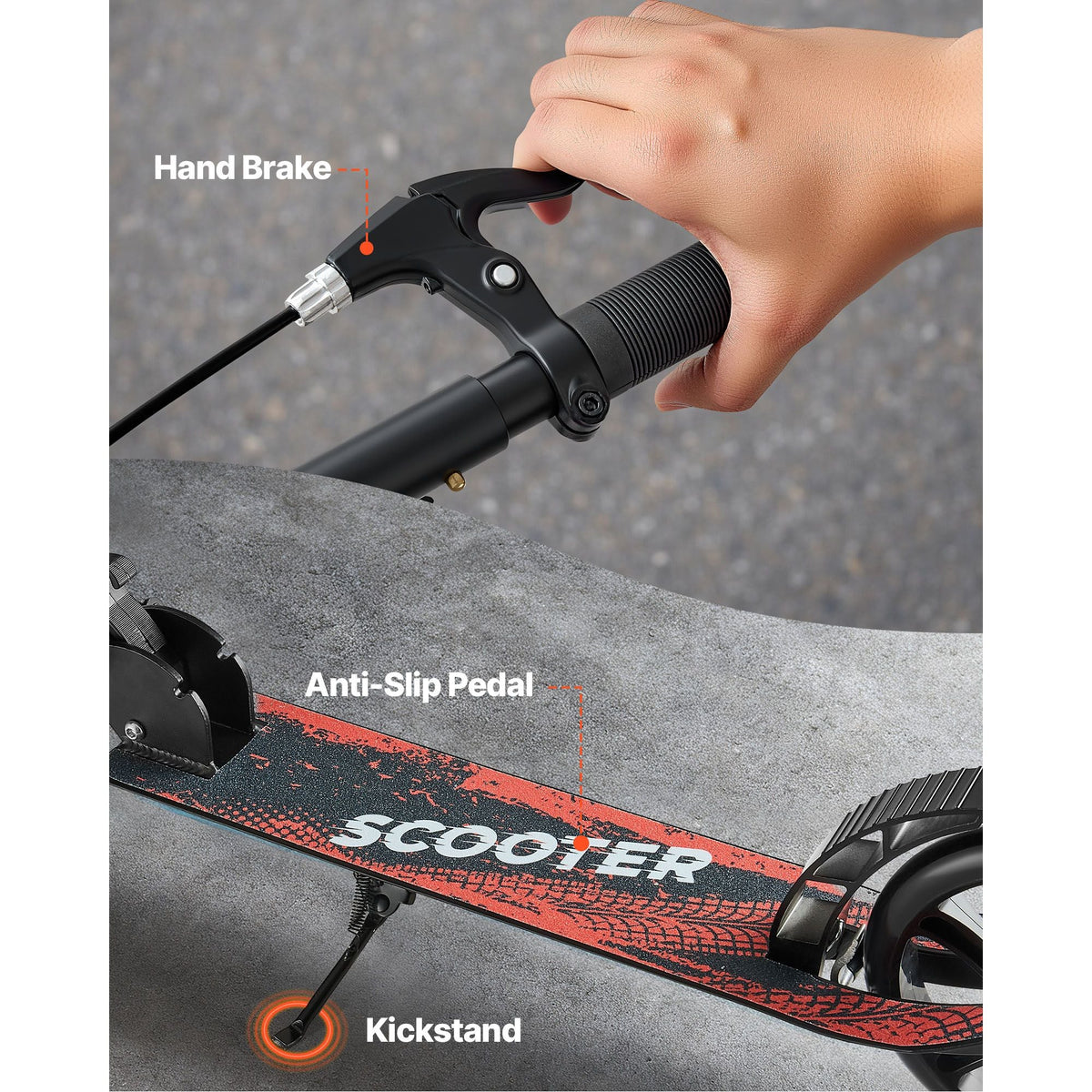 Kick Scooter for Kids Ages 8+, Teens & Adults, 2-Wheel Toddler Scooter with Height Adjustable Handlebar, Wide Anti-Slip Deck, Foldable Lightweight Frame for Boys & Girls up to 220 lbs, Black
