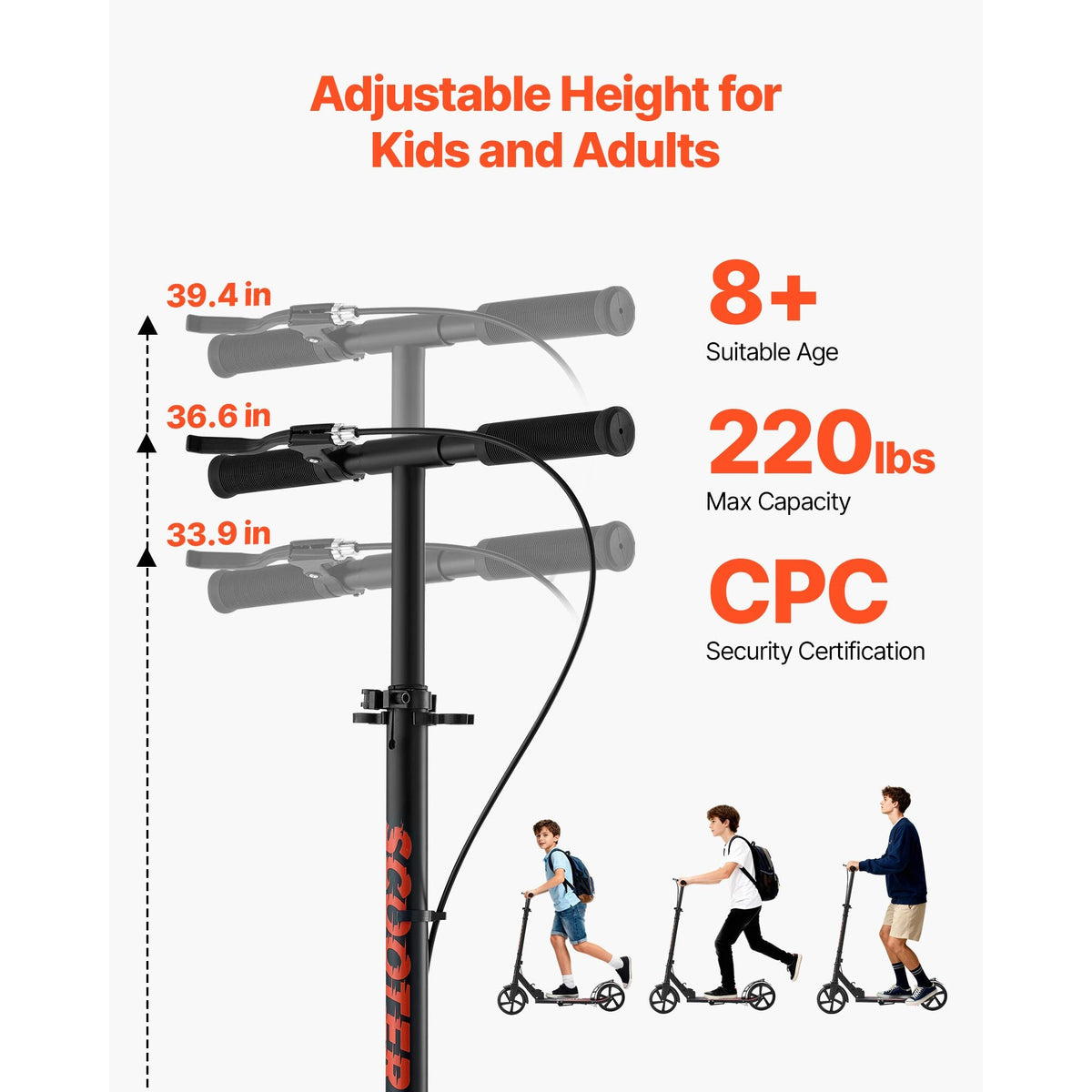 Kick Scooter for Kids Ages 8+, Teens & Adults, 2-Wheel Toddler Scooter with Height Adjustable Handlebar, Wide Anti-Slip Deck, Foldable Lightweight Frame for Boys & Girls up to 220 lbs, Black