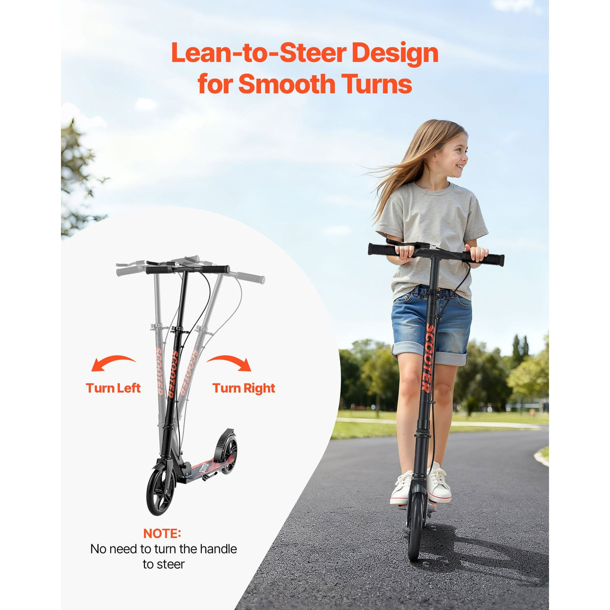 Kick Scooter for Kids Ages 8+, Teens & Adults, 2-Wheel Toddler Scooter with Height Adjustable Handlebar, Wide Anti-Slip Deck, Foldable Lightweight Frame for Boys & Girls up to 220 lbs, Black