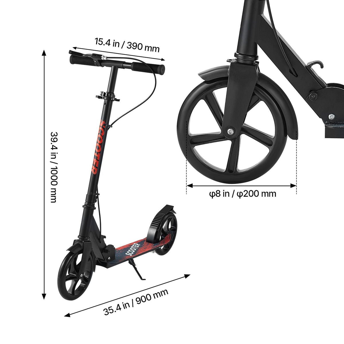 Kick Scooter for Kids Ages 8+, Teens & Adults, 2-Wheel Toddler Scooter with Height Adjustable Handlebar, Wide Anti-Slip Deck, Foldable Lightweight Frame for Boys & Girls up to 220 lbs, Black
