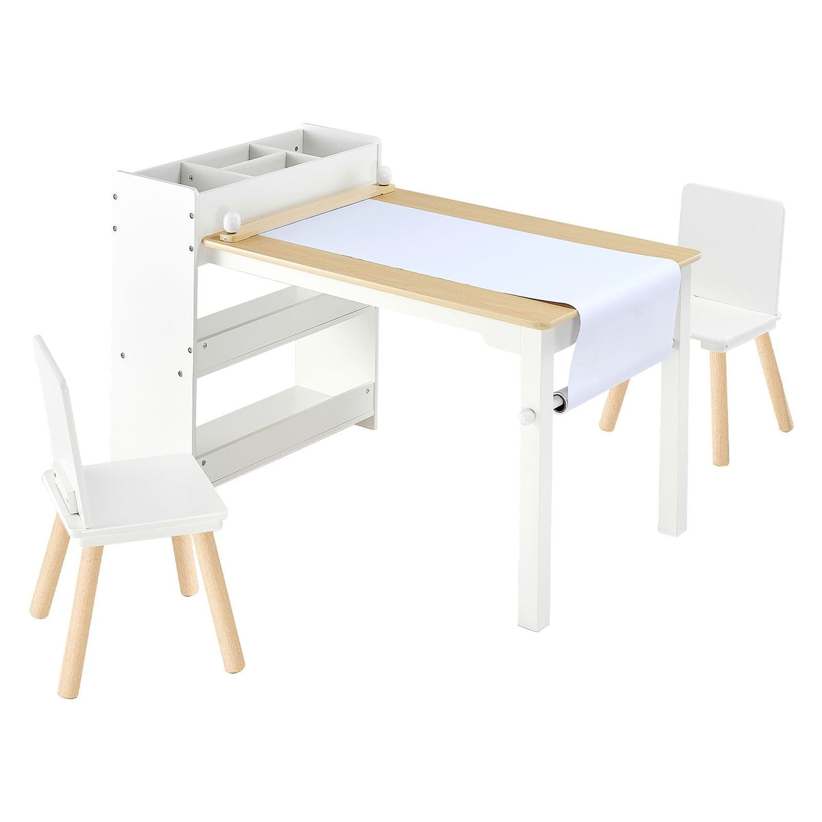 Kids Art Table and Chair Set, Toddler Craft Table with 3 Tiers Storage Cabinet, Wooden Kids Activity Play Desk with 2 Chairs, Art Craft Play Desk for Reading, Learning, Drawing, Writing, White
