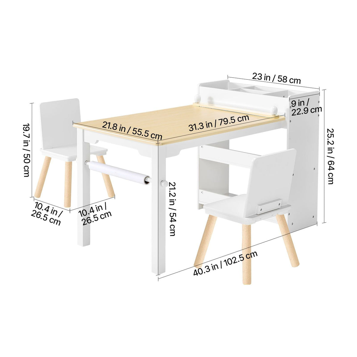 Kids Art Table and Chair Set, Toddler Craft Table with 3 Tiers Storage Cabinet, Wooden Kids Activity Play Desk with 2 Chairs, Art Craft Play Desk for Reading, Learning, Drawing, Writing, White