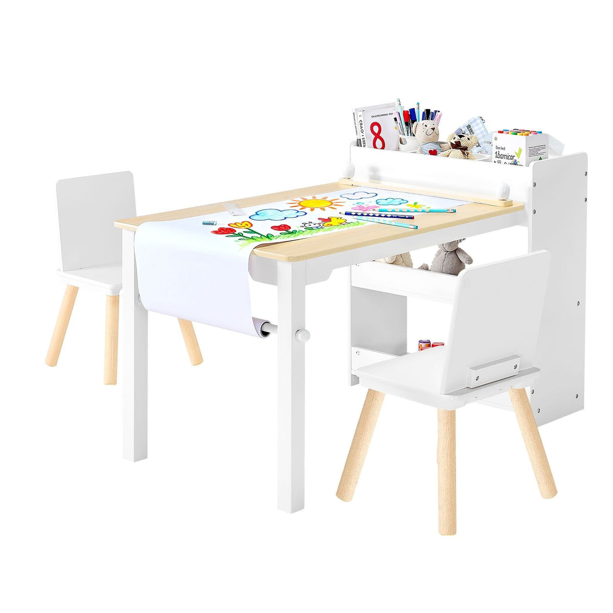 Kids Art Table and Chair Set, Toddler Craft Table with 3 Tiers Storage Cabinet, Wooden Kids Activity Play Desk with 2 Chairs, Art Craft Play Desk for Reading, Learning, Drawing, Writing, White
