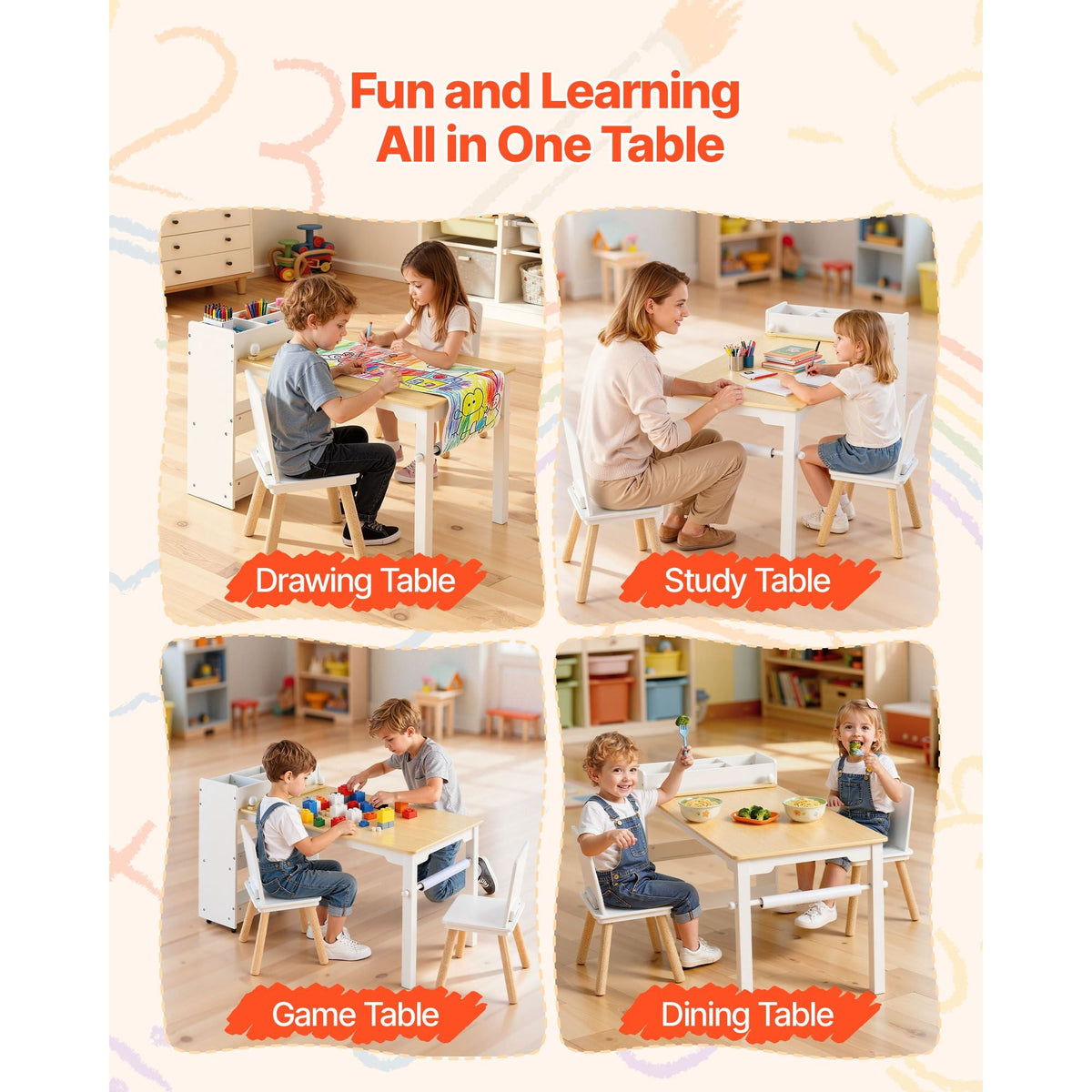 Kids Art Table and Chair Set, Toddler Craft Table with 3 Tiers Storage Cabinet, Wooden Kids Activity Play Desk with 2 Chairs, Art Craft Play Desk for Reading, Learning, Drawing, Writing, White