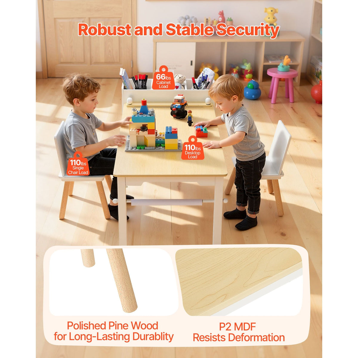 Kids Art Table and Chair Set, Toddler Craft Table with 3 Tiers Storage Cabinet, Wooden Kids Activity Play Desk with 2 Chairs, Art Craft Play Desk for Reading, Learning, Drawing, Writing, White