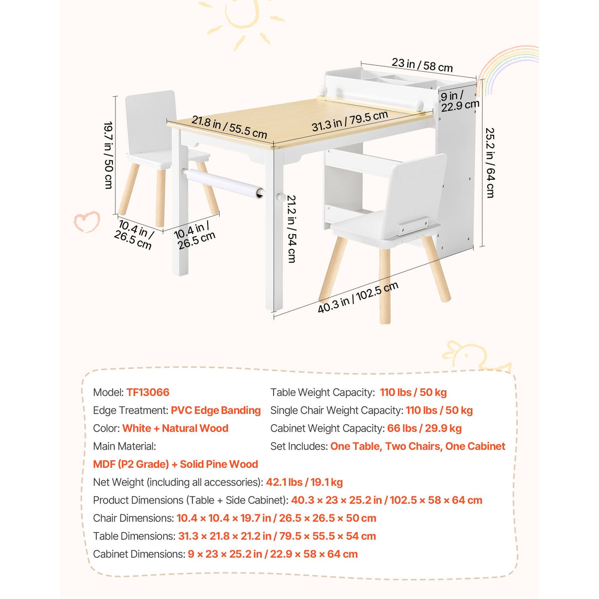 Kids Art Table and Chair Set, Toddler Craft Table with 3 Tiers Storage Cabinet, Wooden Kids Activity Play Desk with 2 Chairs, Art Craft Play Desk for Reading, Learning, Drawing, Writing, White