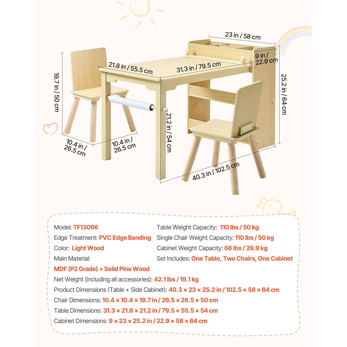 Kids Art Table and Chair Set, Toddler Craft Table with 3 Tiers Storage Cabinet, Wooden Kids Activity Play Desk with 2 Chairs, Craft Play Desk for Reading, Learning, Drawing, Writing, Light Wood