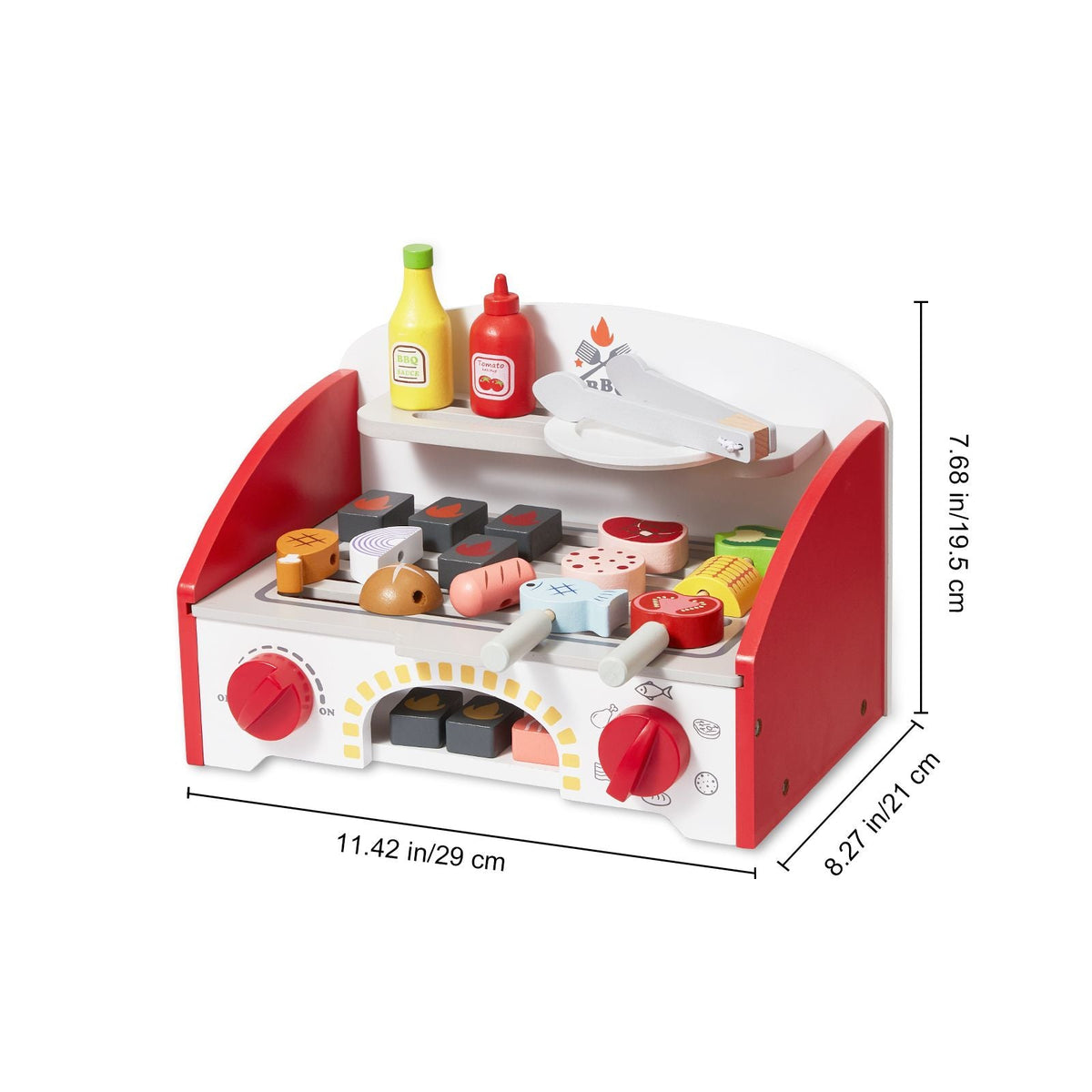 Kids BBQ Grill Playset, Wooden Grill Playset With Realistic Carbon Fire, Wooden Play Food Kitchen Accessory (26 PCS), Indoor/Outdoor Interactive Pretend Play Toys for Boys Girls Ages 3+ Gift