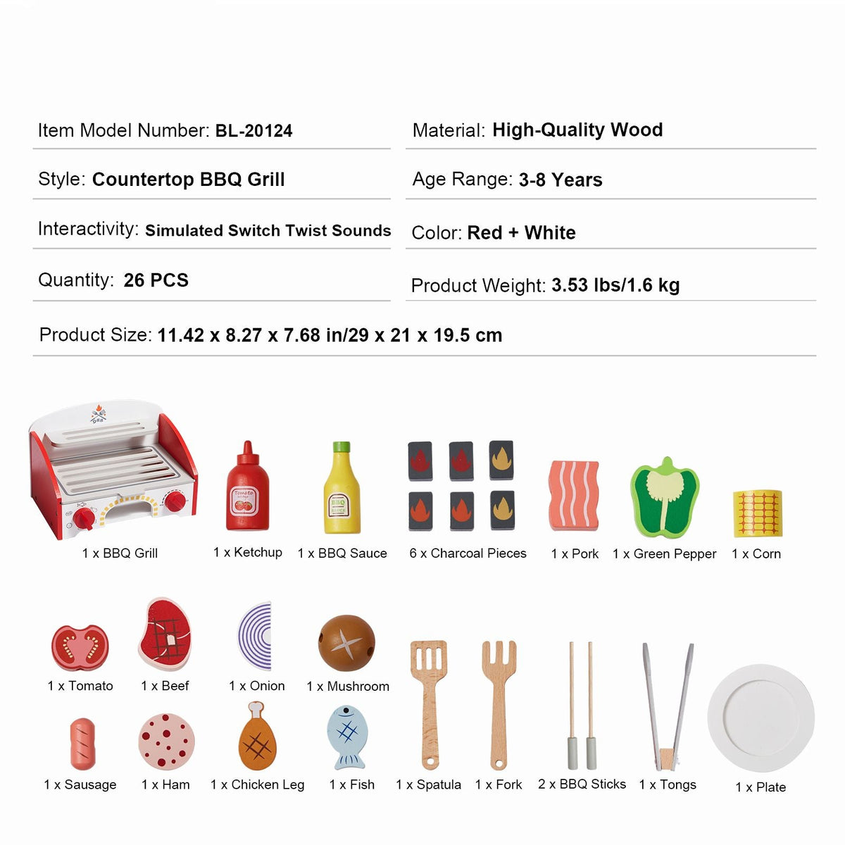 Kids BBQ Grill Playset, Wooden Grill Playset With Realistic Carbon Fire, Wooden Play Food Kitchen Accessory (26 PCS), Indoor/Outdoor Interactive Pretend Play Toys for Boys Girls Ages 3+ Gift