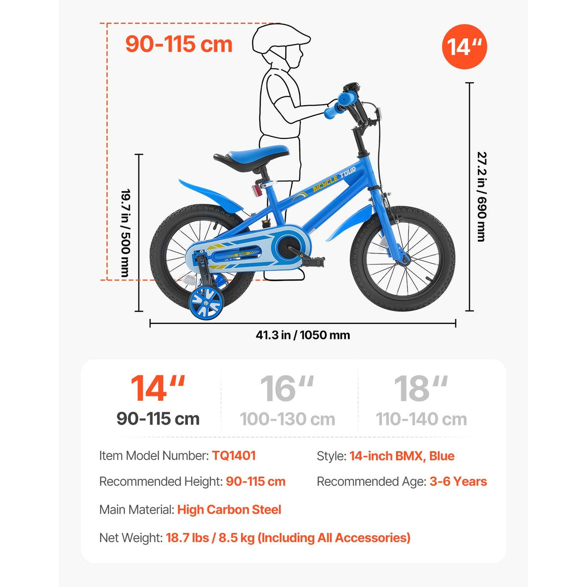 Kids Bike, 14 Inches BMX Style Children Bicycle, Rider Height 2.95 ft - 3.77 ft, Training Wheels Included, Sturdy and Easy to Assemble, Toddler Bike for Boys & Girls Learning to Ride, Blue