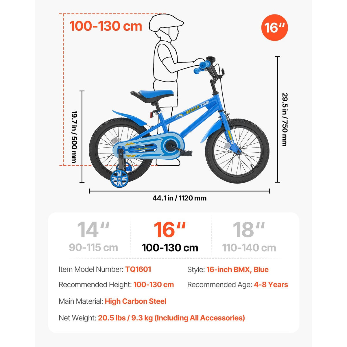 Kids Bike, 16 Inches BMX Style Children Bicycle, Rider Height 3.28 ft - 4.27 ft, Training Wheels Included, Sturdy and Easy to Assemble, Toddler Bike for Boys & Girls Learning to Ride, Blue