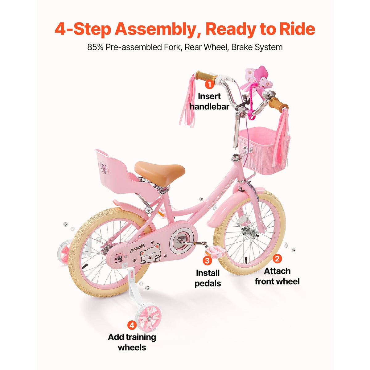 Kids Bike, 16 Inches Princess Style Children Bicycle with Streamers & Basket, Rider Height 3.28 ft - 4.27 ft, Doll Seat & Training Wheels Included, Toddler Bike for Girls Learning to Ride, Pink