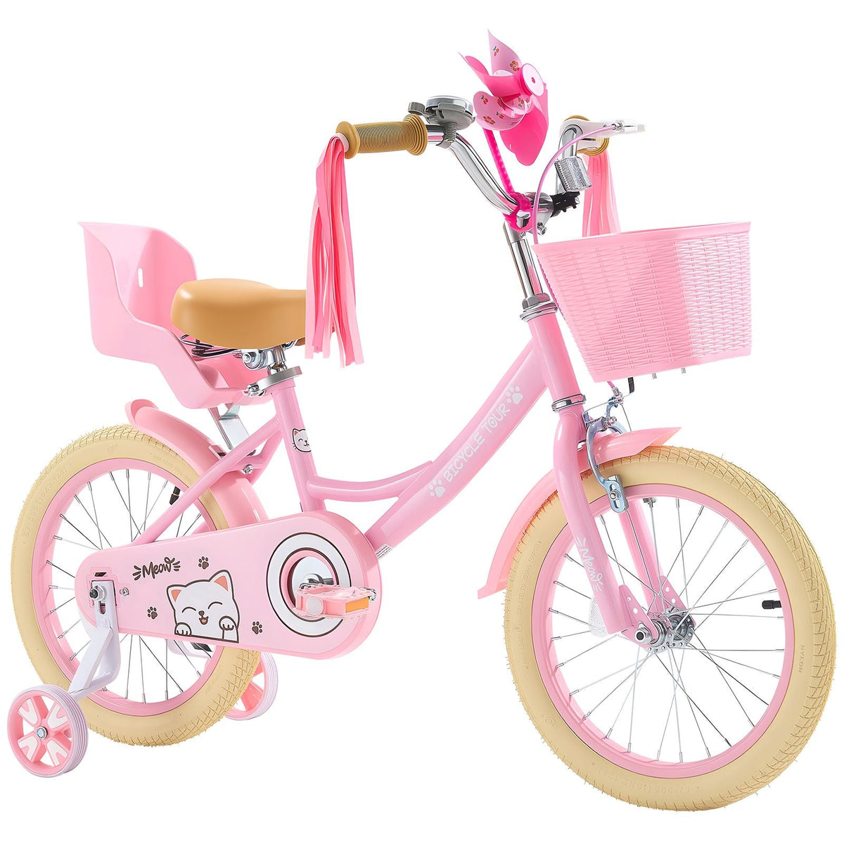 Kids Bike, 16 Inches Princess Style Children Bicycle with Streamers & Basket, Rider Height 3.28 ft - 4.27 ft, Doll Seat & Training Wheels Included, Toddler Bike for Girls Learning to Ride, Pink