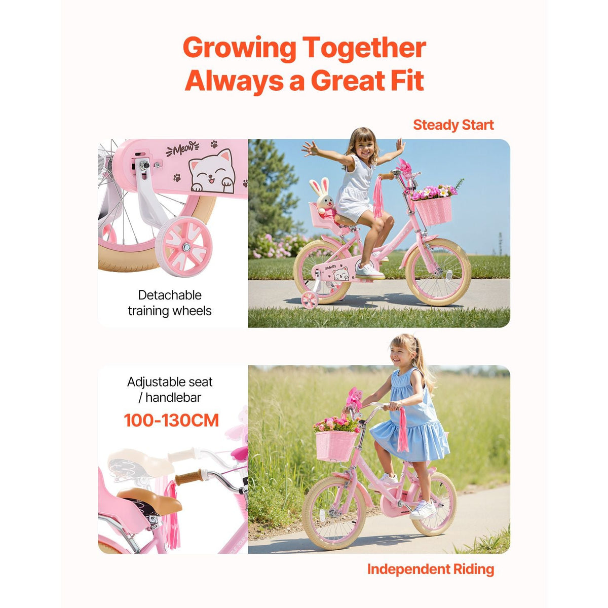 Kids Bike, 16 Inches Princess Style Children Bicycle with Streamers & Basket, Rider Height 3.28 ft - 4.27 ft, Doll Seat & Training Wheels Included, Toddler Bike for Girls Learning to Ride, Pink