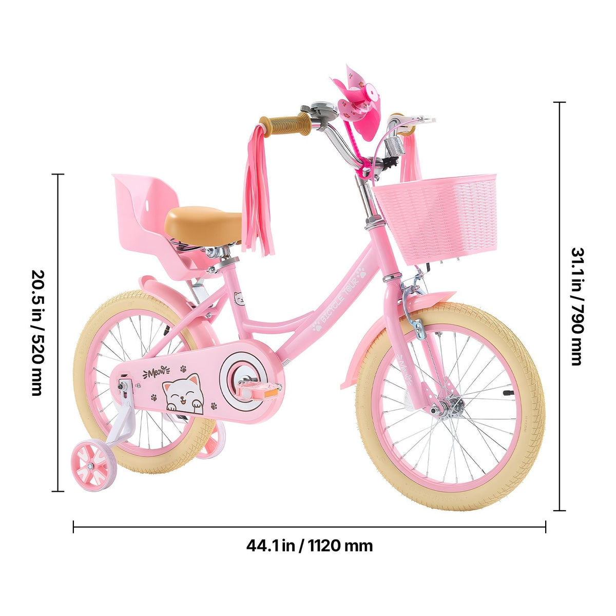 Kids Bike, 16 Inches Princess Style Children Bicycle with Streamers & Basket, Rider Height 3.28 ft - 4.27 ft, Doll Seat & Training Wheels Included, Toddler Bike for Girls Learning to Ride, Pink