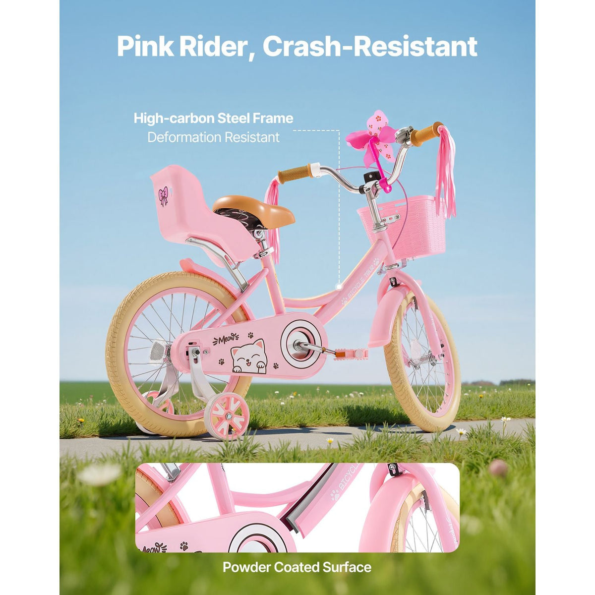 Kids Bike, 16 Inches Princess Style Children Bicycle with Streamers & Basket, Rider Height 3.28 ft - 4.27 ft, Doll Seat & Training Wheels Included, Toddler Bike for Girls Learning to Ride, Pink
