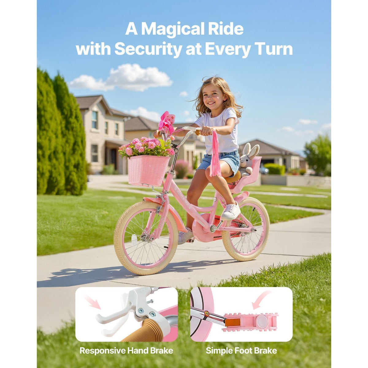 Kids Bike, 16 Inches Princess Style Children Bicycle with Streamers & Basket, Rider Height 3.28 ft - 4.27 ft, Doll Seat & Training Wheels Included, Toddler Bike for Girls Learning to Ride, Pink