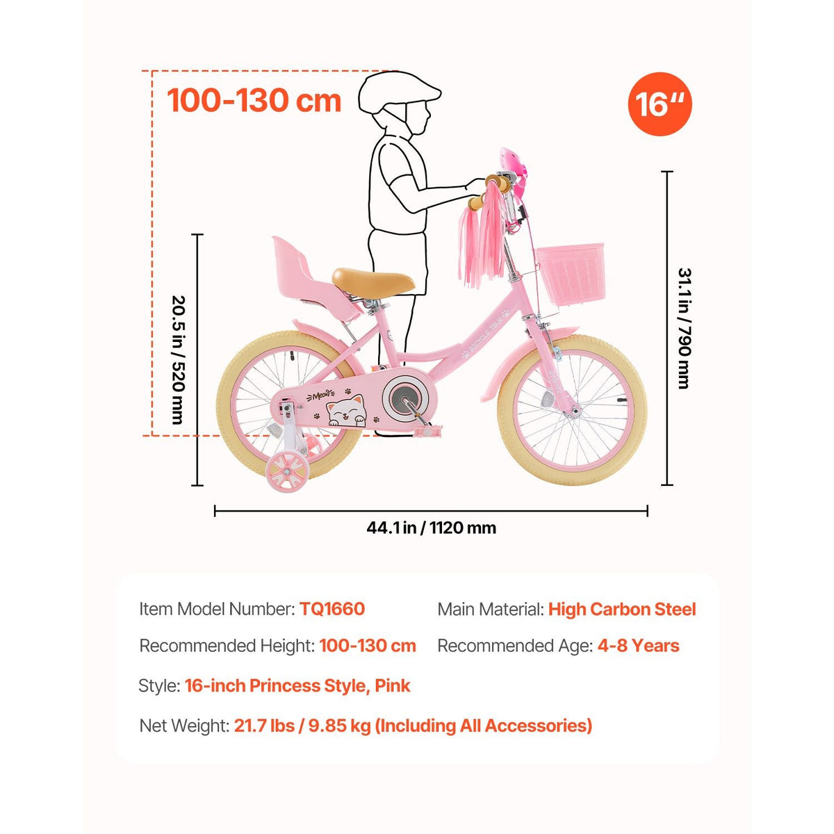 Kids Bike, 16 Inches Princess Style Children Bicycle with Streamers & Basket, Rider Height 3.28 ft - 4.27 ft, Doll Seat & Training Wheels Included, Toddler Bike for Girls Learning to Ride, Pink