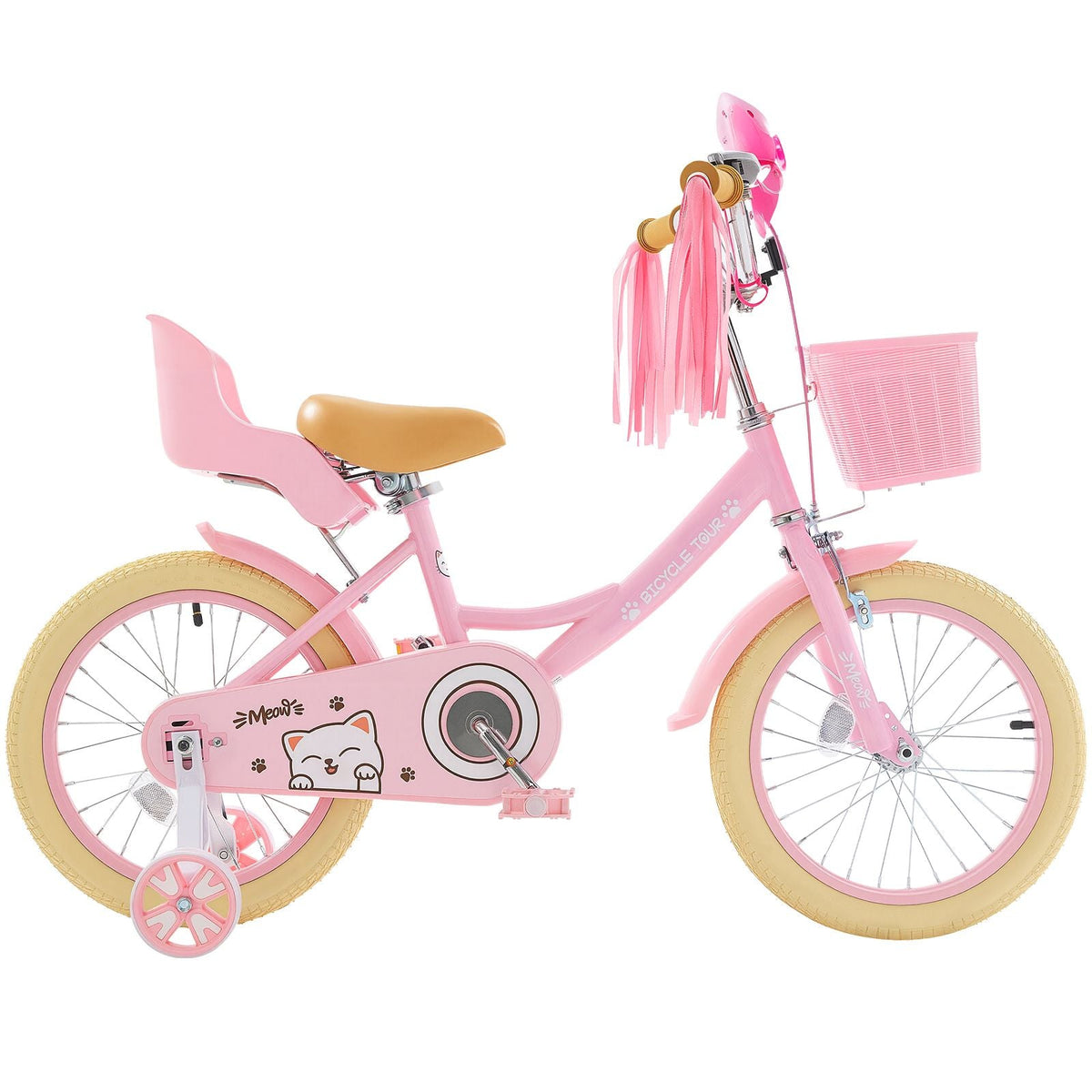 Kids Bike, 16 Inches Princess Style Children Bicycle with Streamers & Basket, Rider Height 3.28 ft - 4.27 ft, Doll Seat & Training Wheels Included, Toddler Bike for Girls Learning to Ride, Pink