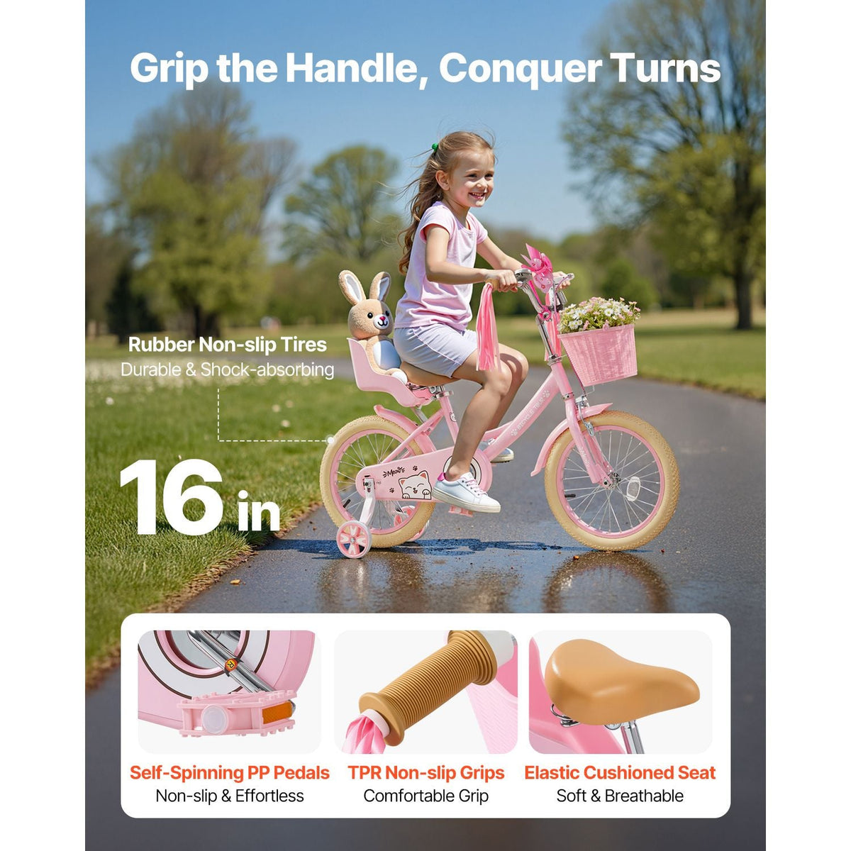 Kids Bike, 16 Inches Princess Style Children Bicycle with Streamers & Basket, Rider Height 3.28 ft - 4.27 ft, Doll Seat & Training Wheels Included, Toddler Bike for Girls Learning to Ride, Pink