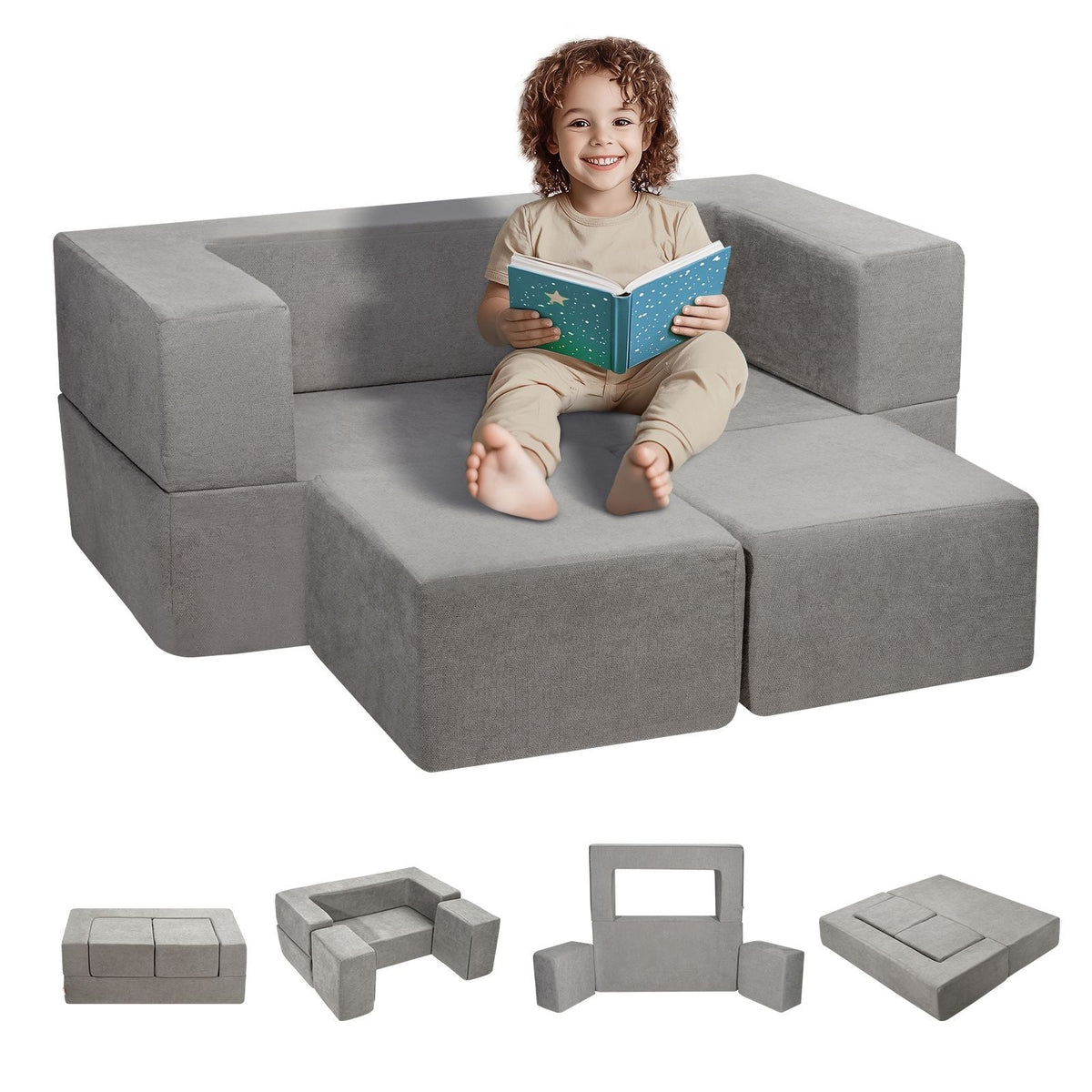 Kids Couch, 4Pcs Modular Kids Play Couch, Toddler Couch Sofa Bed, Kids Chair Seat Playroom Furniture, Child Sectional Sofa with Removable Cover for Kids Girls & Boys, Grey