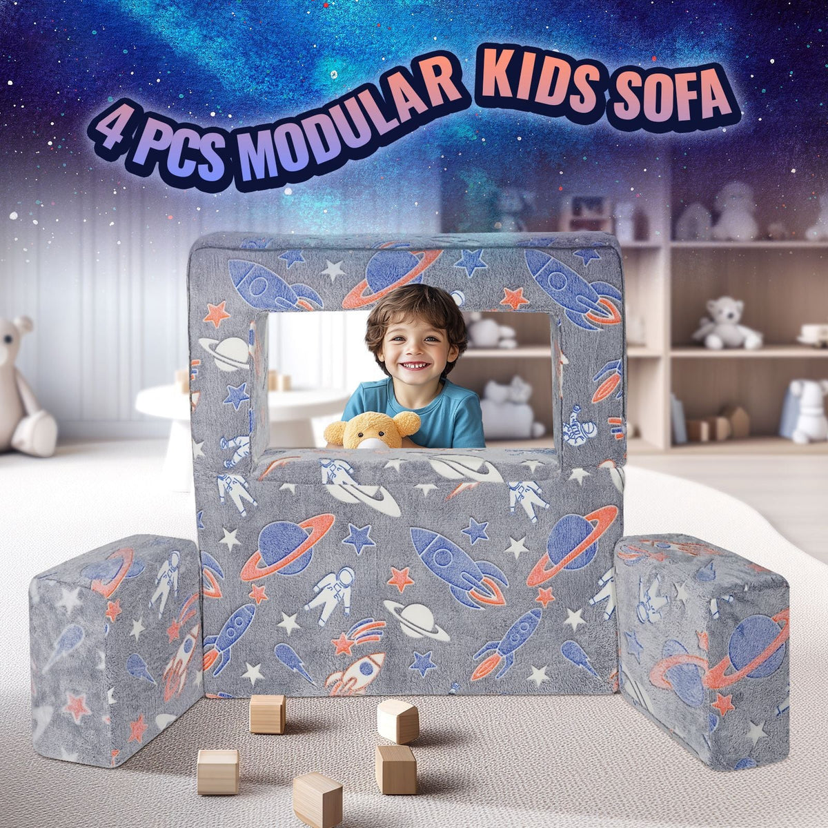 Kids Couch, 4Pcs Toddler Couch Sofa Bed, Kids Chair Seat Playroom Furniture, Child Sectional Sofa with Removable Cover for Kids Girls & Boys, Dark Grey