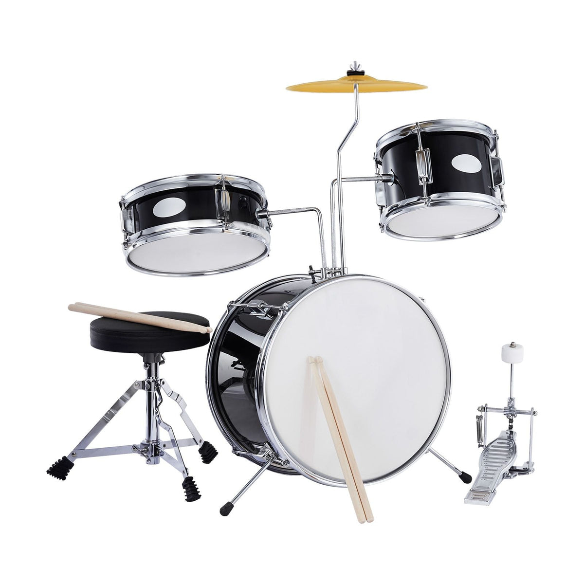 Kids Drum Set, 3-Piece, 14 in Beginner Drum Set with Adjustable Throne Cymbal Pedal Two Pairs of Drumsticks, 8'' Tom Drum 10'' Snare Drum 14'' Bass Drum, Starter Drum Kit for Child Kids, Black
