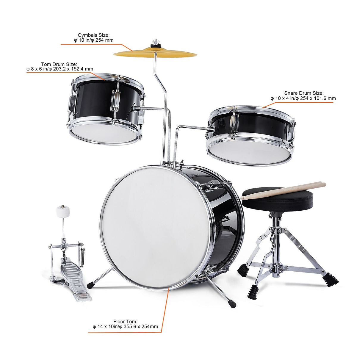 Kids Drum Set, 3-Piece, 14 in Beginner Drum Set with Adjustable Throne Cymbal Pedal Two Pairs of Drumsticks, 8'' Tom Drum 10'' Snare Drum 14'' Bass Drum, Starter Drum Kit for Child Kids, Black