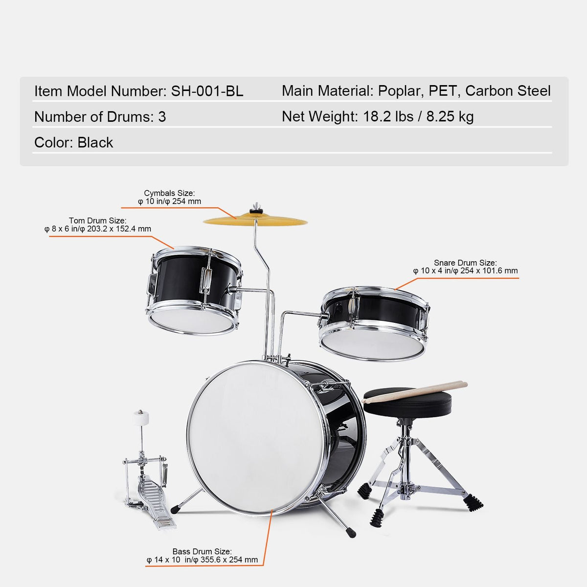 Kids Drum Set, 3-Piece, 14 in Beginner Drum Set with Adjustable Throne Cymbal Pedal Two Pairs of Drumsticks, 8'' Tom Drum 10'' Snare Drum 14'' Bass Drum, Starter Drum Kit for Child Kids, Black