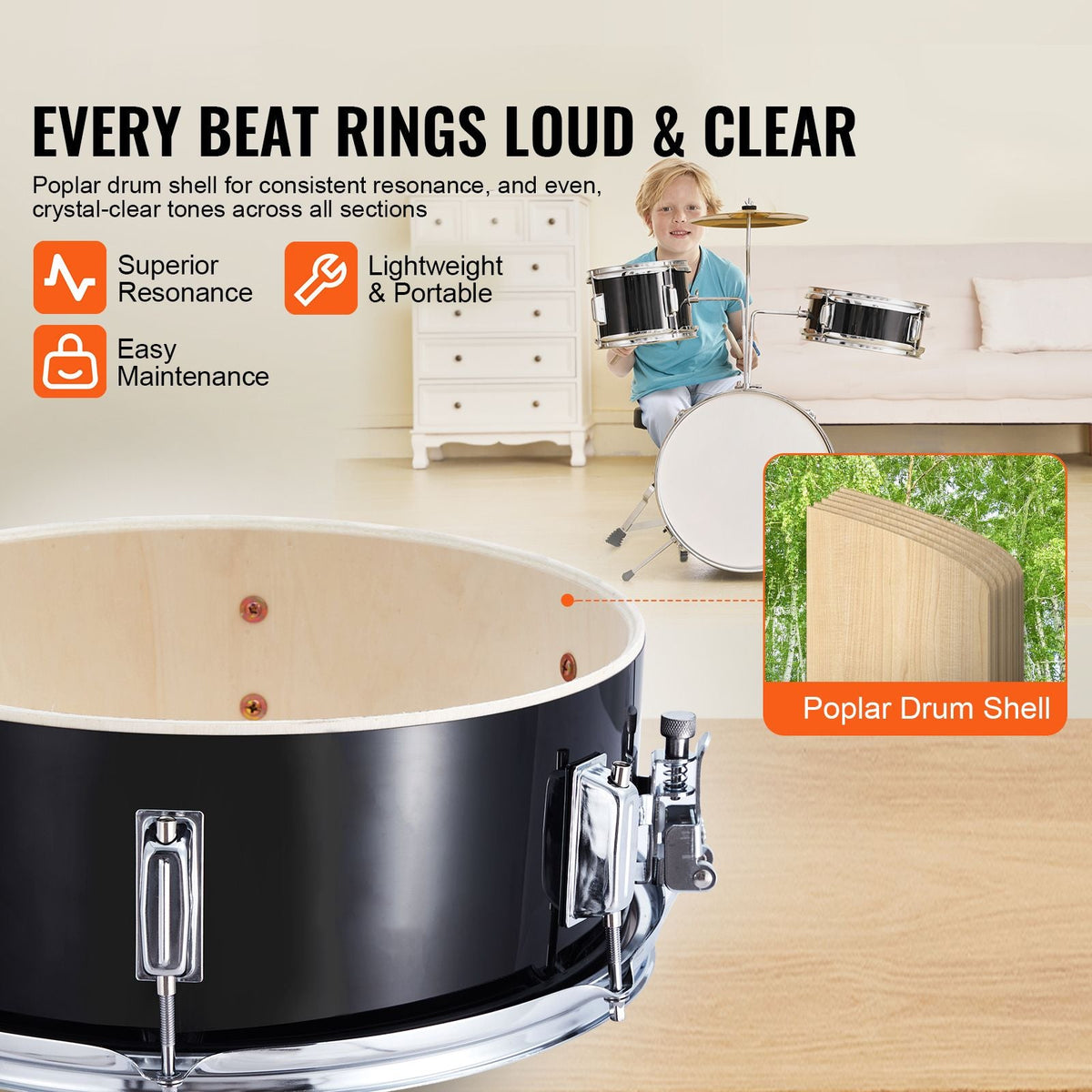 Kids Drum Set, 3-Piece, 14 in Beginner Drum Set with Adjustable Throne Cymbal Pedal Two Pairs of Drumsticks, 8'' Tom Drum 10'' Snare Drum 14'' Bass Drum, Starter Drum Kit for Child Kids, Black