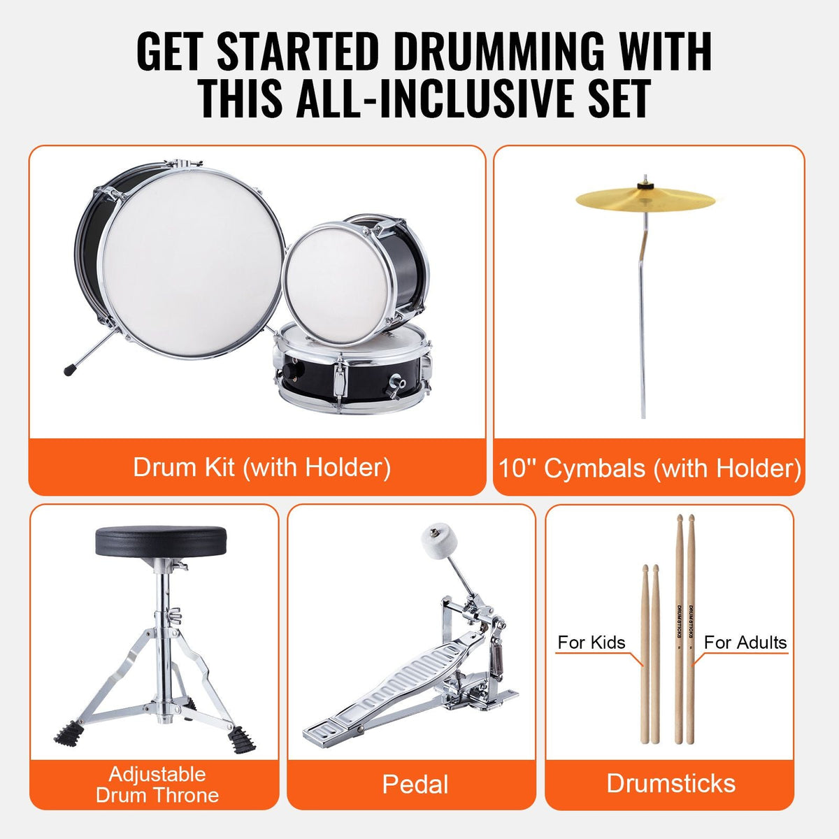 Kids Drum Set, 3-Piece, 14 in Beginner Drum Set with Adjustable Throne Cymbal Pedal Two Pairs of Drumsticks, 8'' Tom Drum 10'' Snare Drum 14'' Bass Drum, Starter Drum Kit for Child Kids, Black