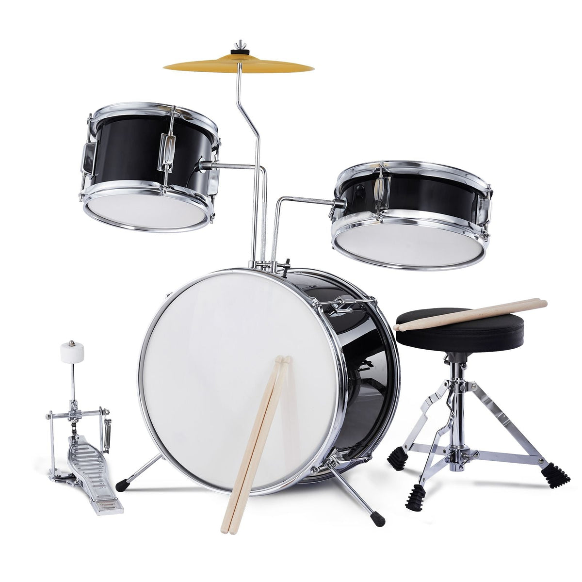 Kids Drum Set, 3-Piece, 14 in Beginner Drum Set with Adjustable Throne Cymbal Pedal Two Pairs of Drumsticks, 8'' Tom Drum 10'' Snare Drum 14'' Bass Drum, Starter Drum Kit for Child Kids, Black