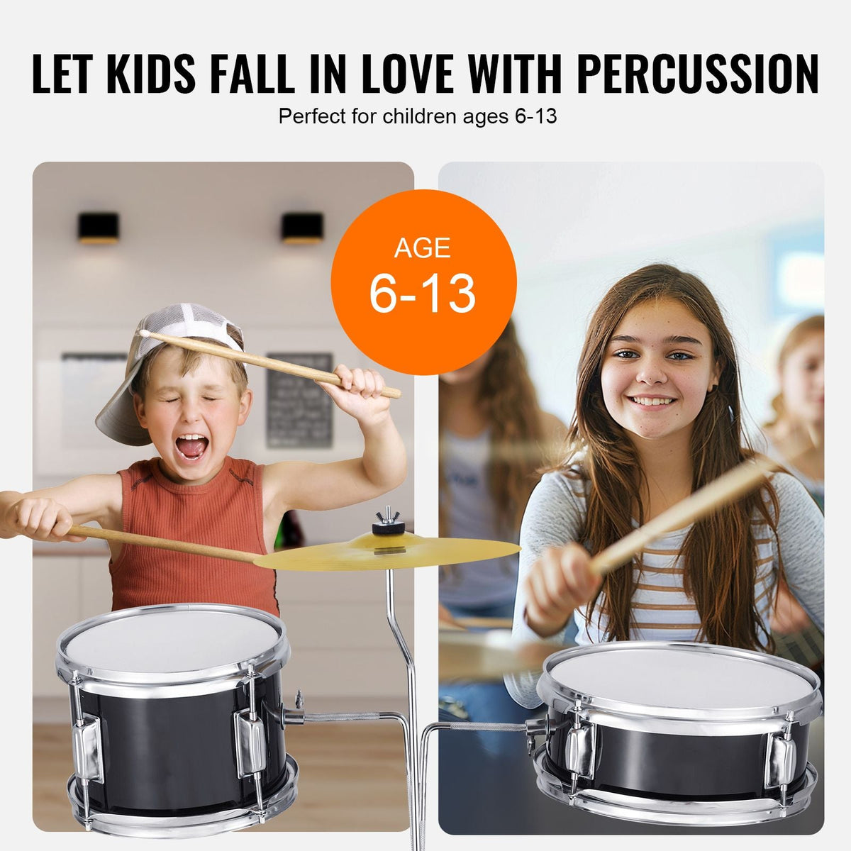 Kids Drum Set, 3-Piece, 14 in Beginner Drum Set with Adjustable Throne Cymbal Pedal Two Pairs of Drumsticks, 8'' Tom Drum 10'' Snare Drum 14'' Bass Drum, Starter Drum Kit for Child Kids, Black