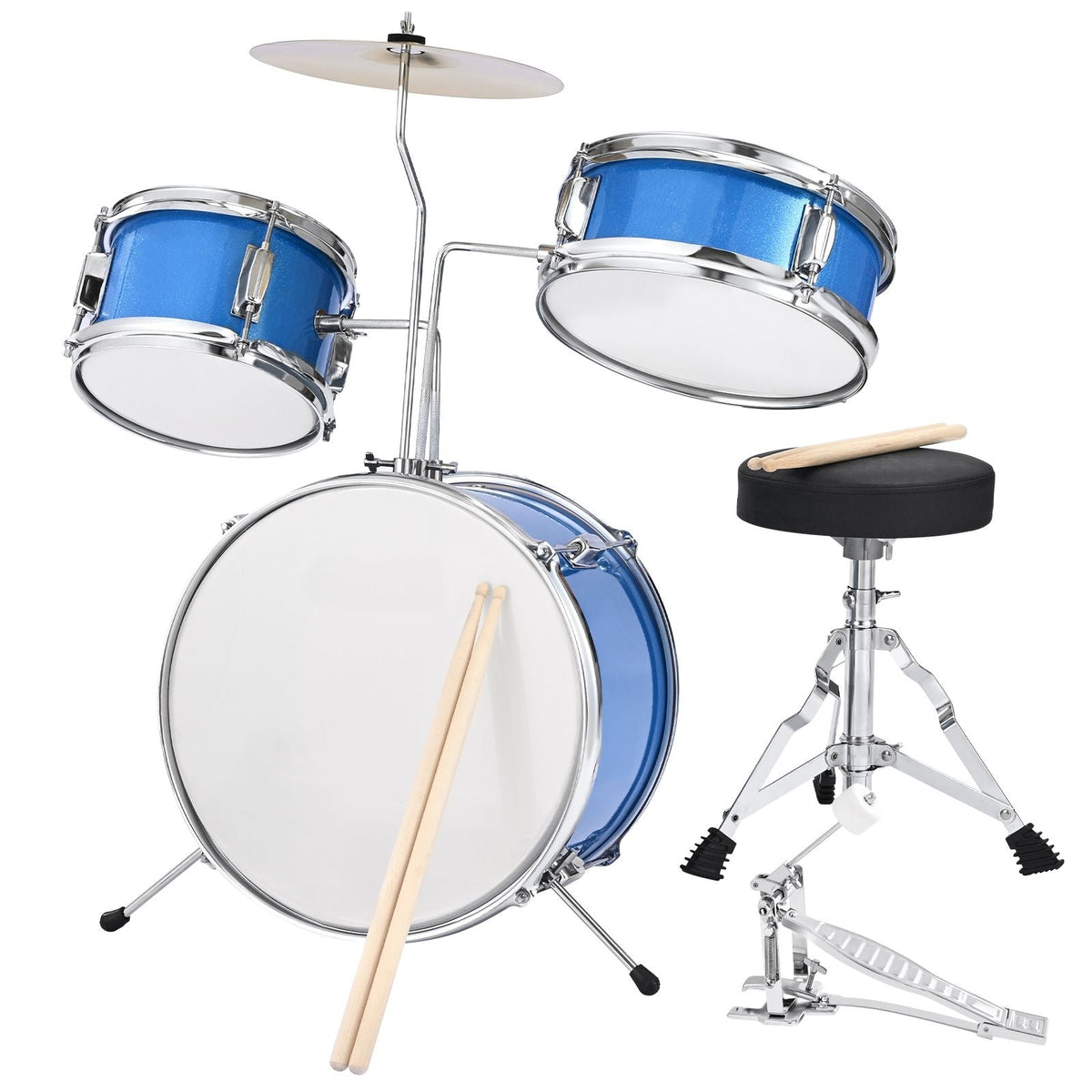 Kids Drum Set, 3-Piece 14 in Junior Drum Sets, Beginner Drums Set with Adjustable Throne, Cymbal & Two Pairs of Drumsticks, Musical Learning Drums Instruments Kit, for Children Ages 6-13 (Blue)