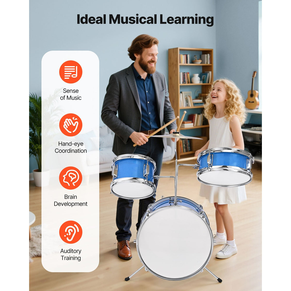 Kids Drum Set, 3-Piece 14 in Junior Drum Sets, Beginner Drums Set with Adjustable Throne, Cymbal & Two Pairs of Drumsticks, Musical Learning Drums Instruments Kit, for Children Ages 6-13 (Blue)